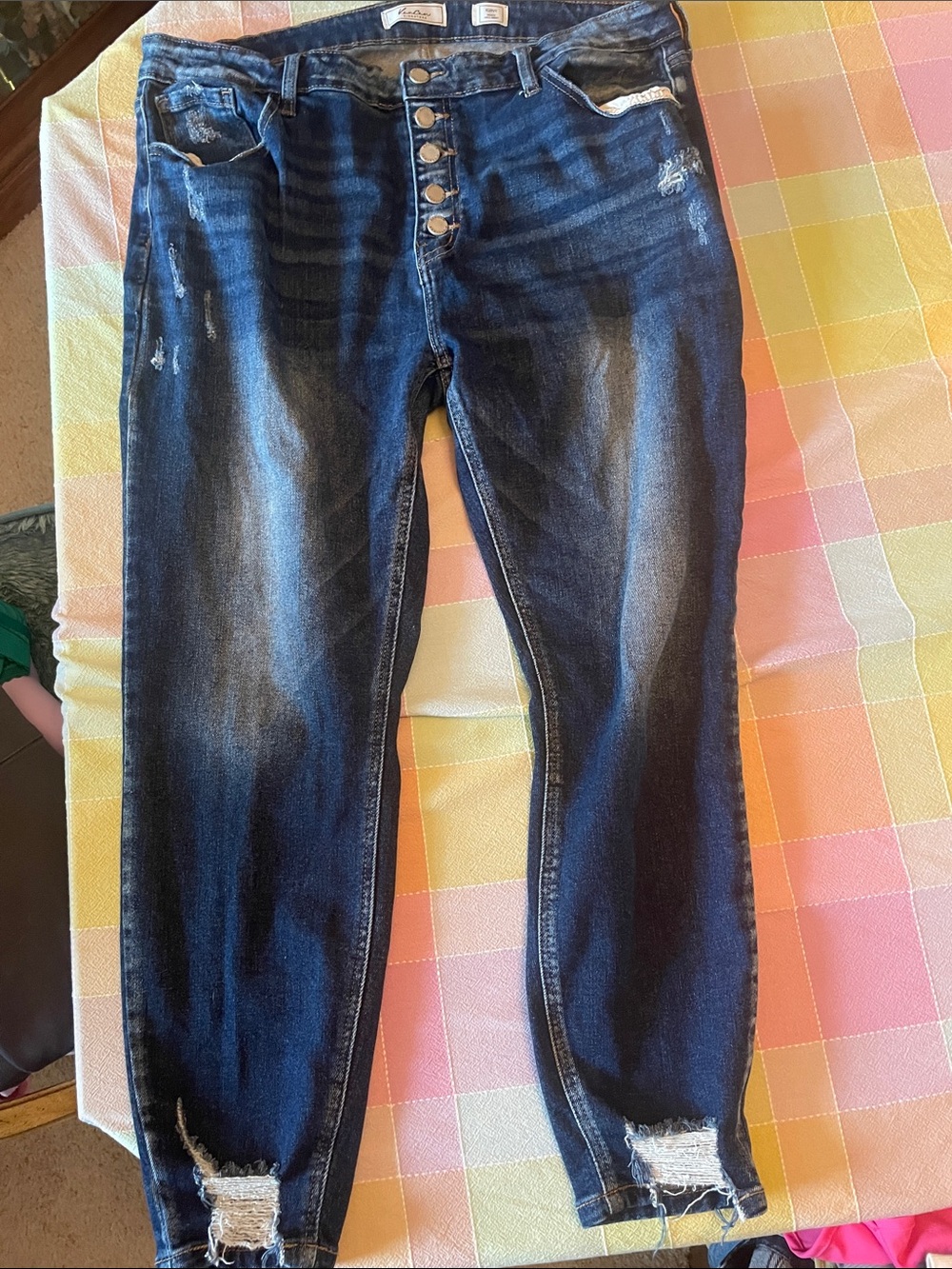 Dark Blue Women's Button-Fly Distressed Jeans